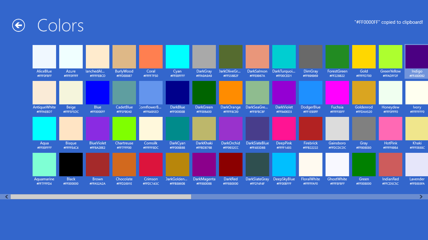 A quick preview of the Windows 8 default colors, with name and hexadecimal code
