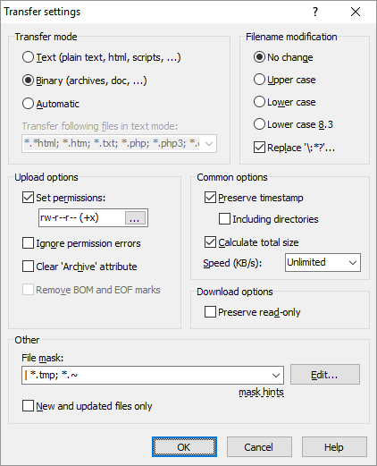 Window for Setting Transfer Options