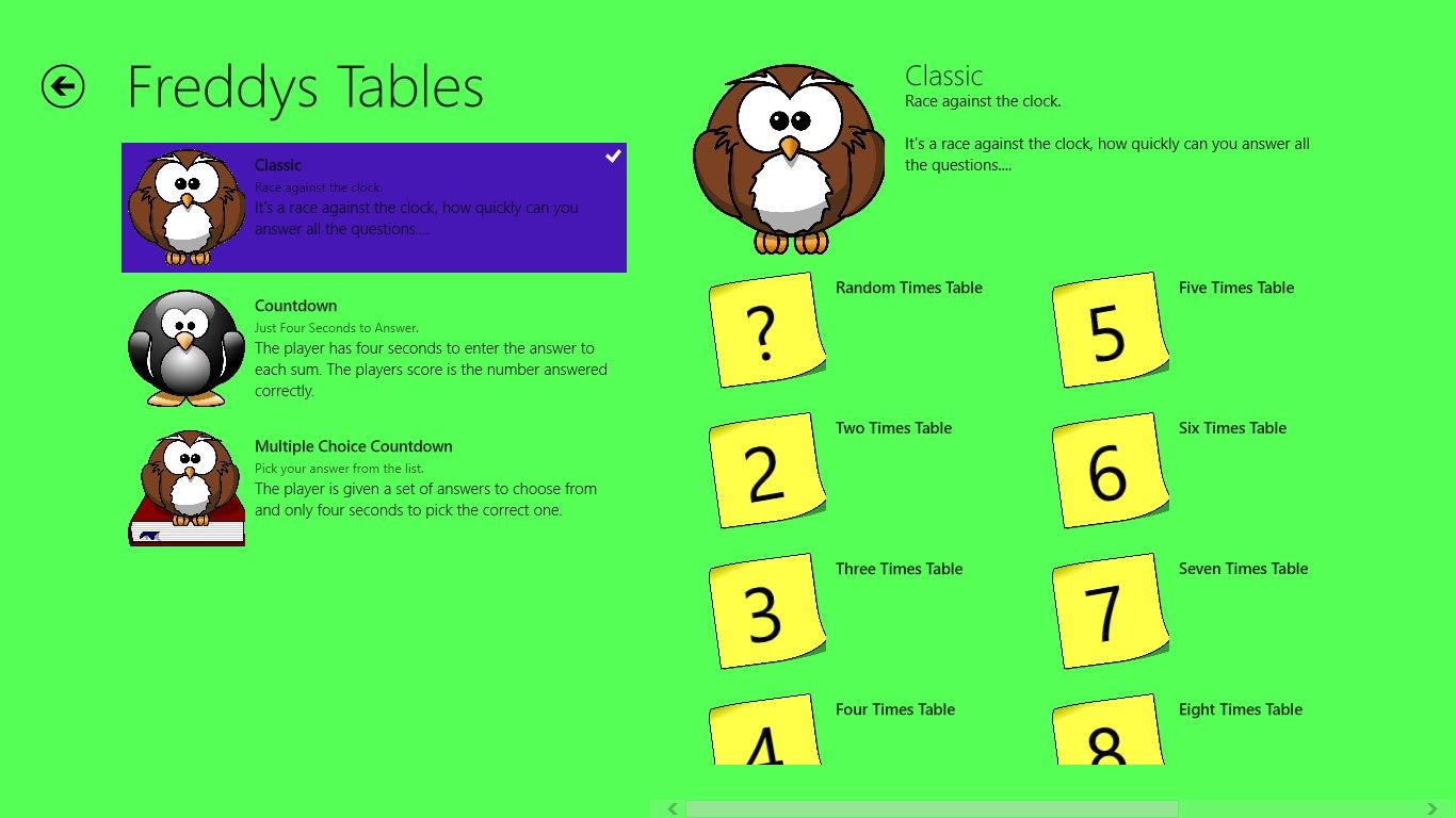 In this screen the user selects the type of game to play and the table they want to practice.