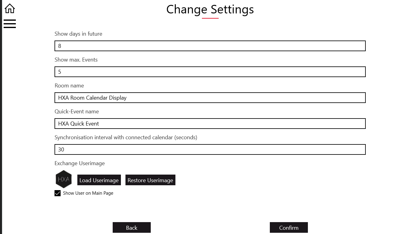 In the settings Page it is possible to Change values, names and activate or deactivate functions.