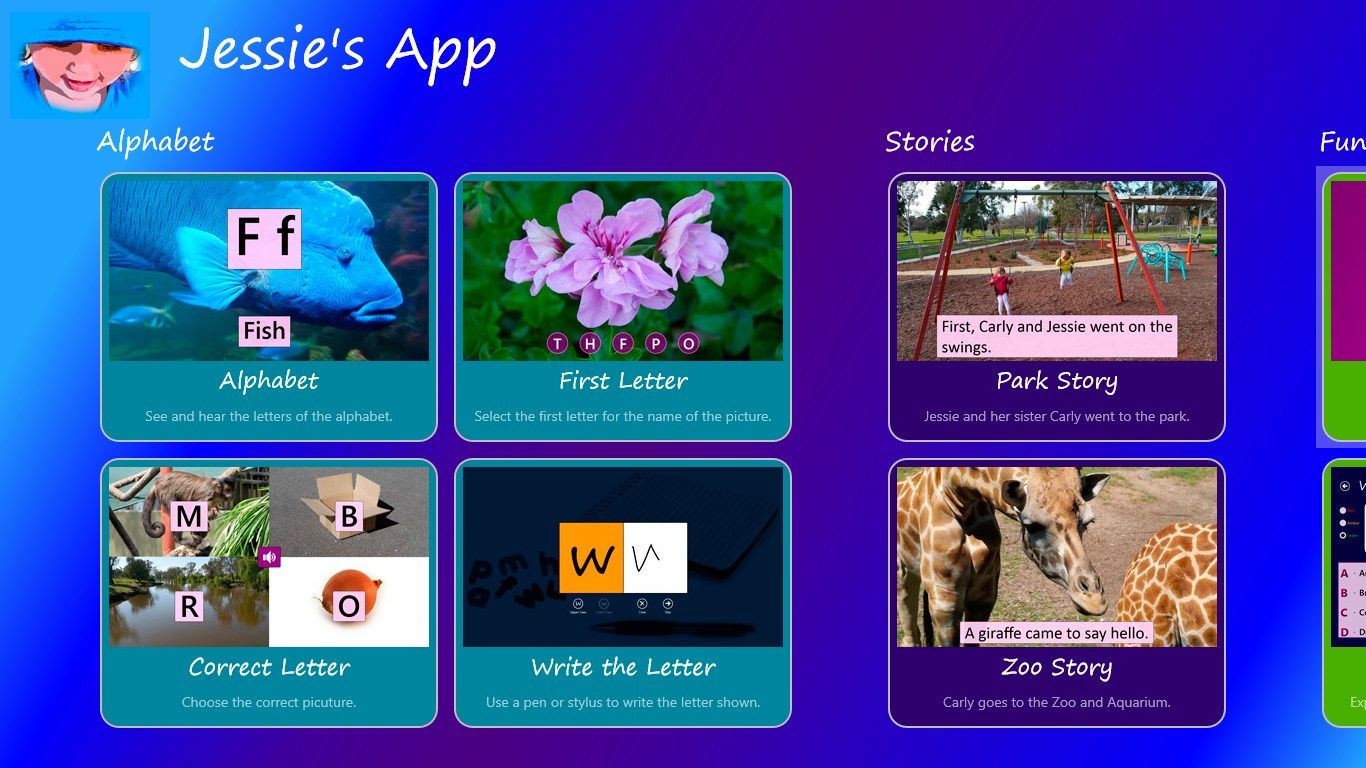 Home screen showing numerous letter activities and sample stories.