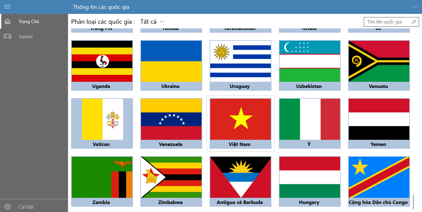 Bạn có thể tìm kiếm và hiển thị các nước theo từng kiểu phân loại khác nhau.