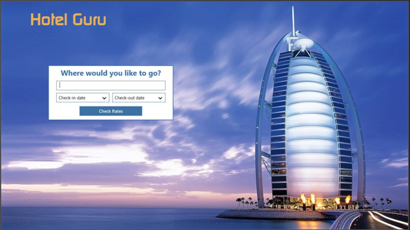 Home screen of Hotel Guru Search app.