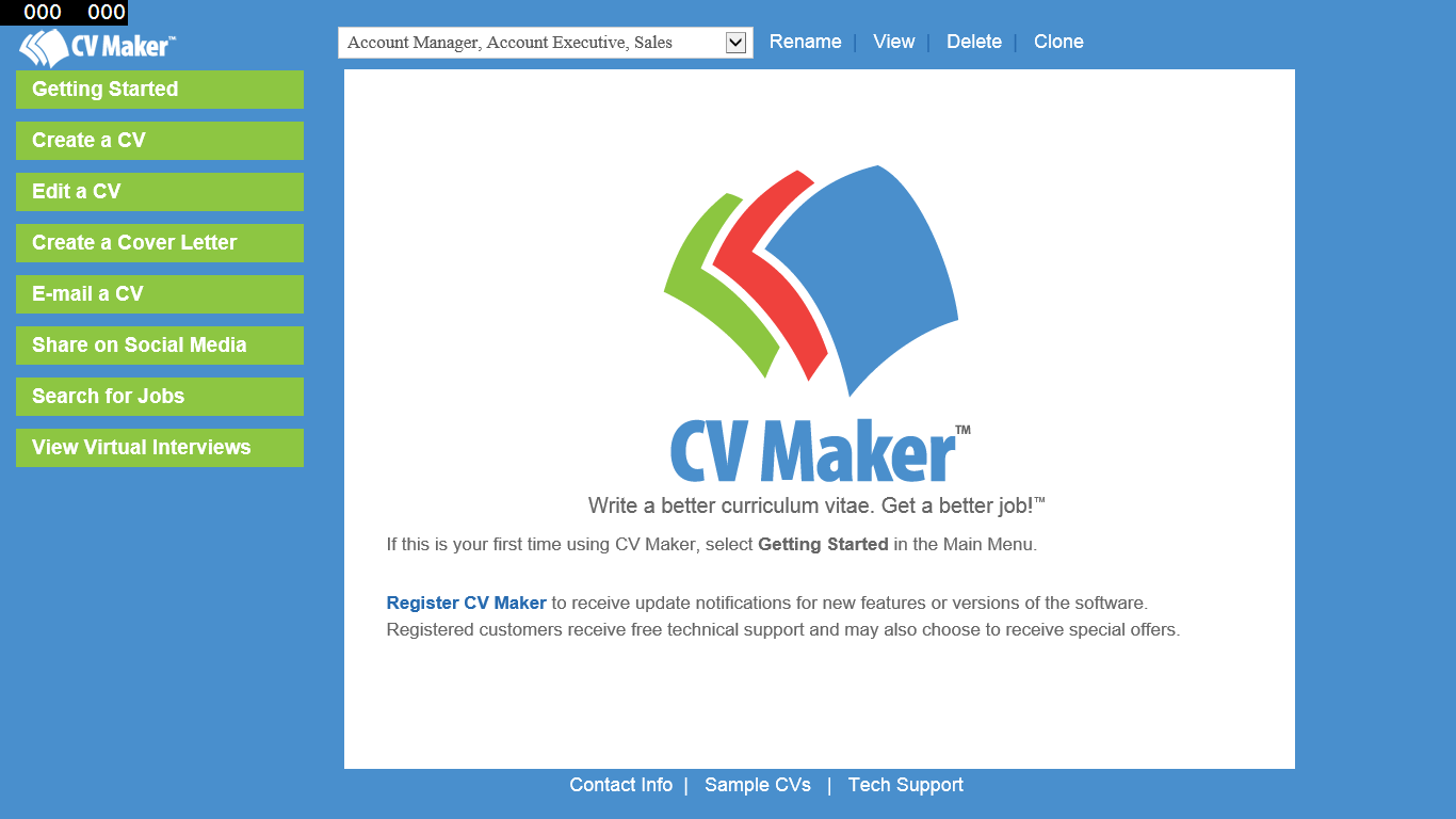 All the tools you need to write a professional CV are available on the main menu.