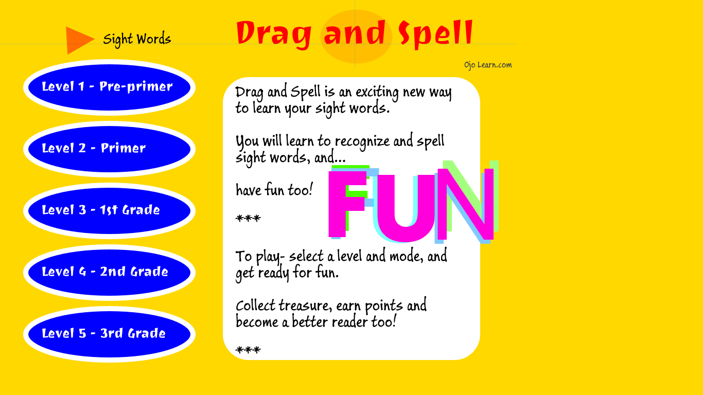 Drag and Spell for Sight Words- main menu.