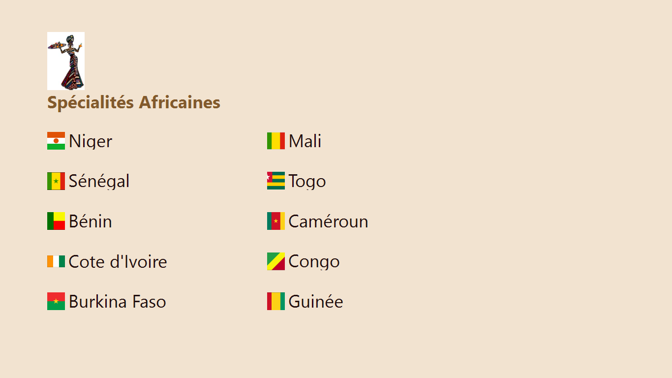la page des différentes spécialités africaines