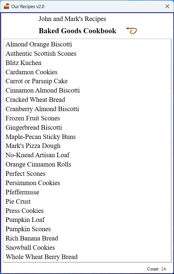 Sample Cookbook list of its Recipes