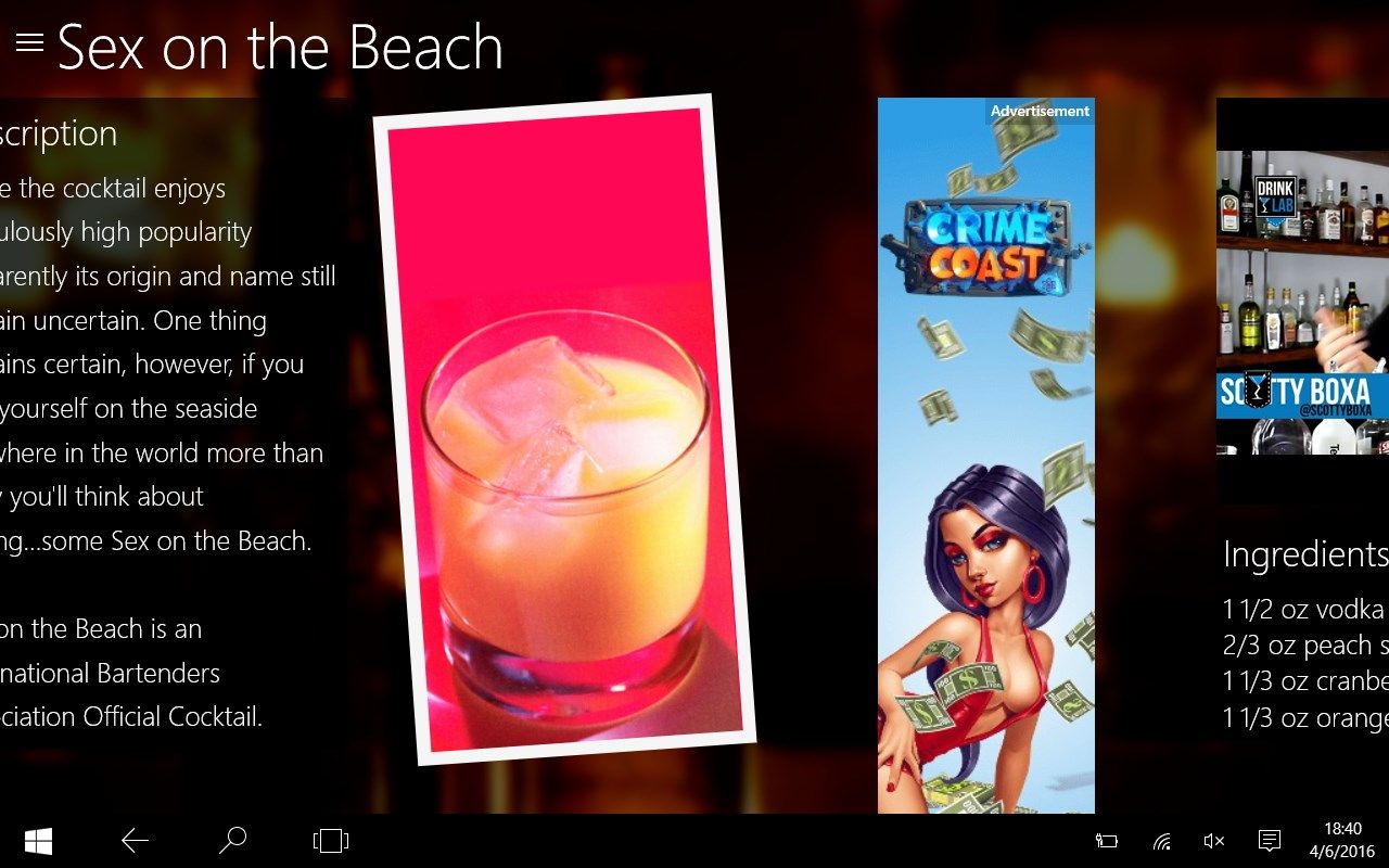 CocktailPedia showing SEX ON THE BEACH cocktail page including description, picture, ingredients list and recipe