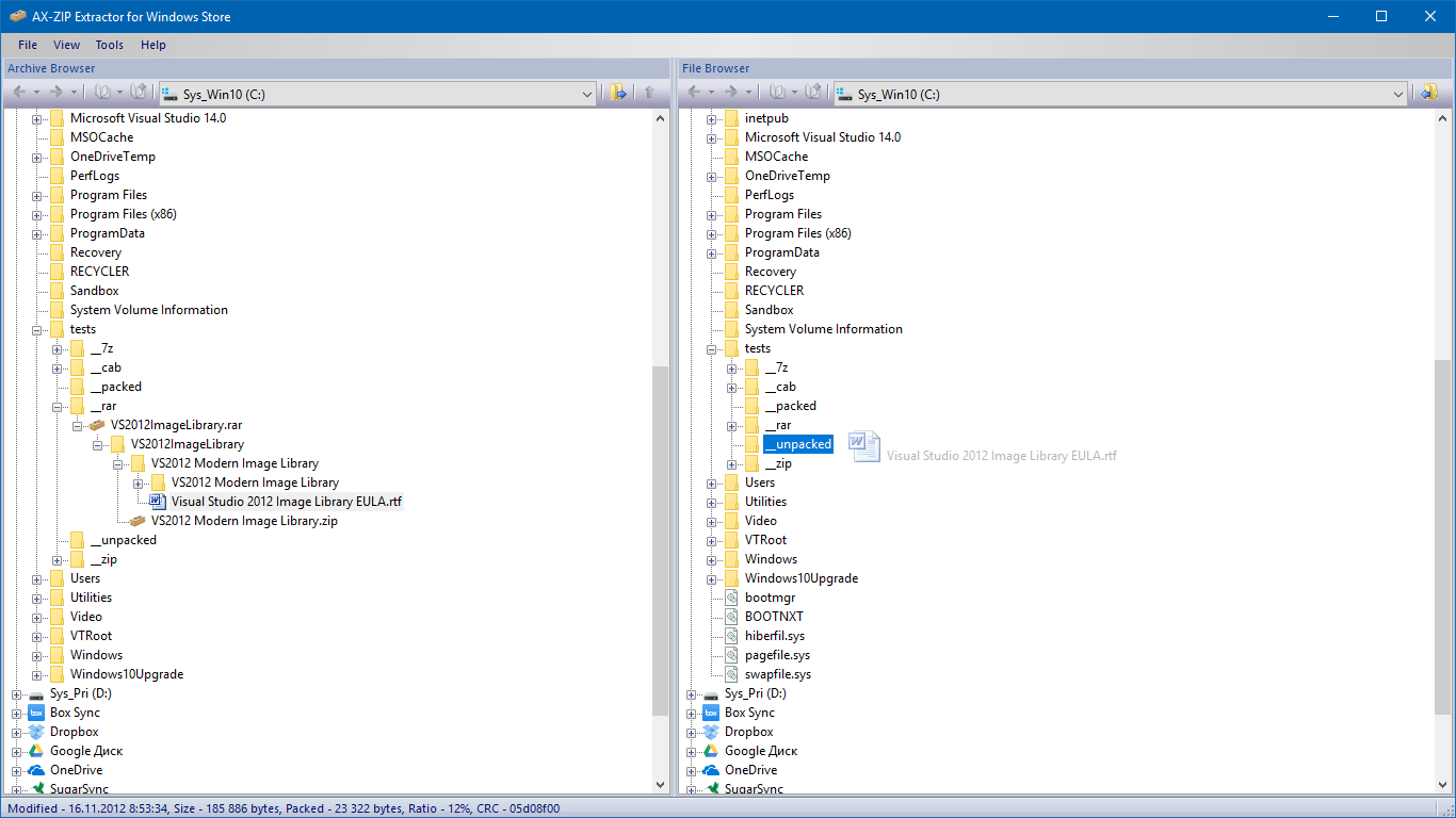 For unpacking of archive, or extracting file from it - just drag them to the target folder File Browser.