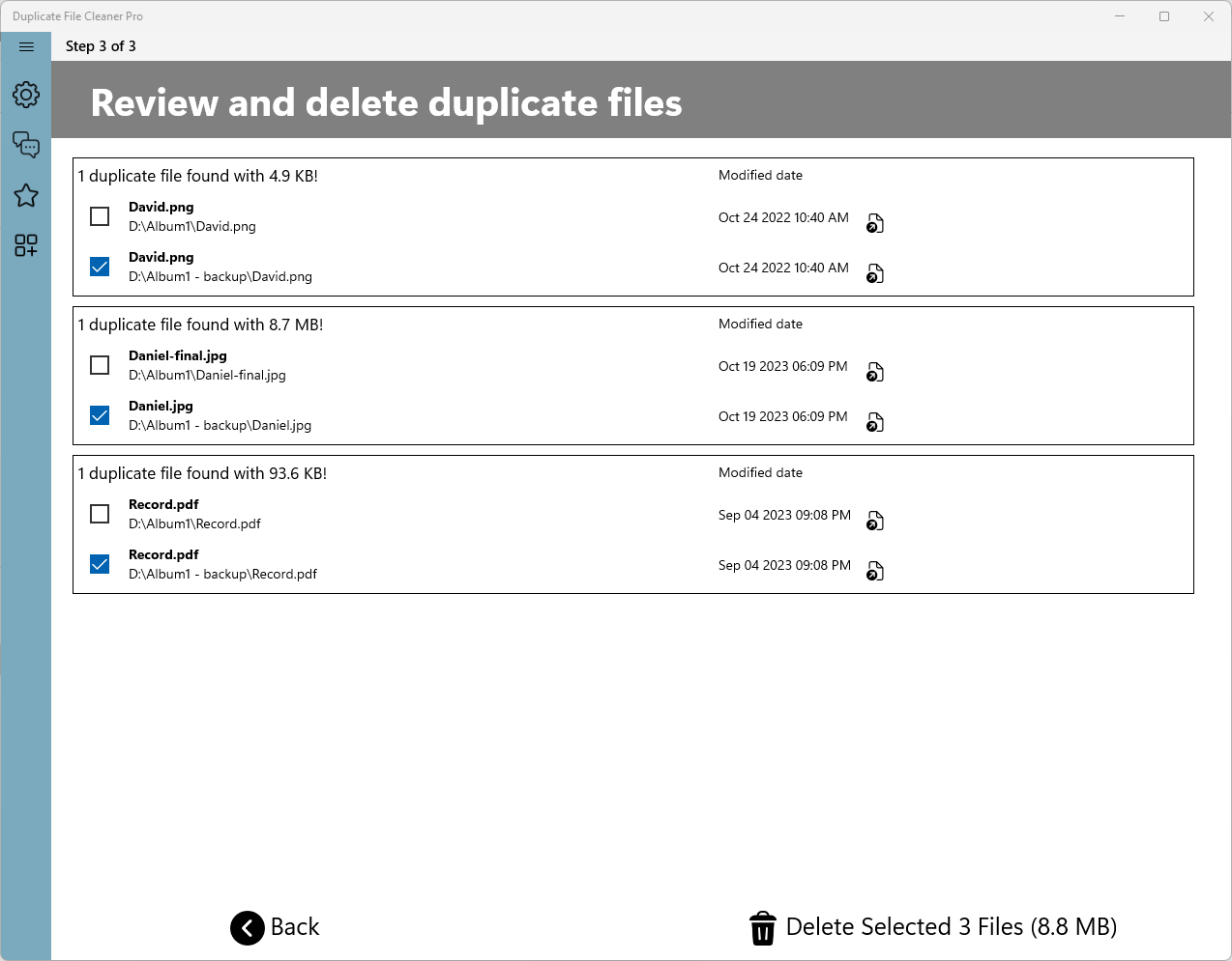 View duplicate files and select which files to delete