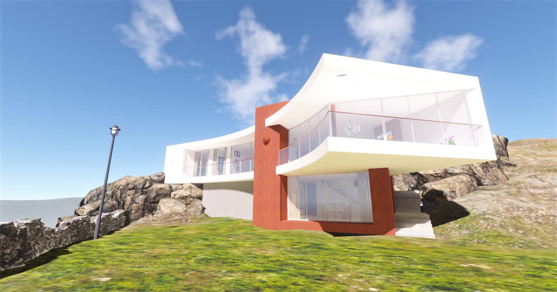 A virtual visit to a three-bedroom, two-stories villa fictionally situated in South Spain