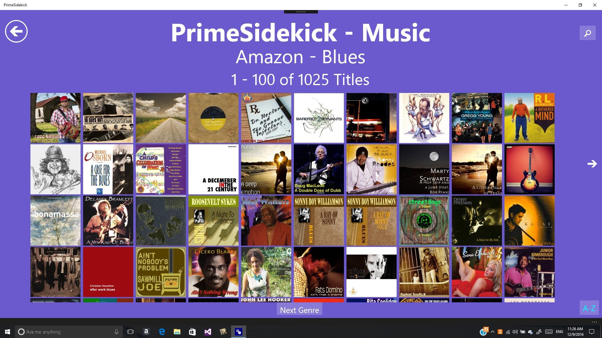 This screen allows the users to browse the titles available in the selected Amazon Prime Music genre. Tapping (or clicking) on any of the thumbnails will bring up the title details screen.
