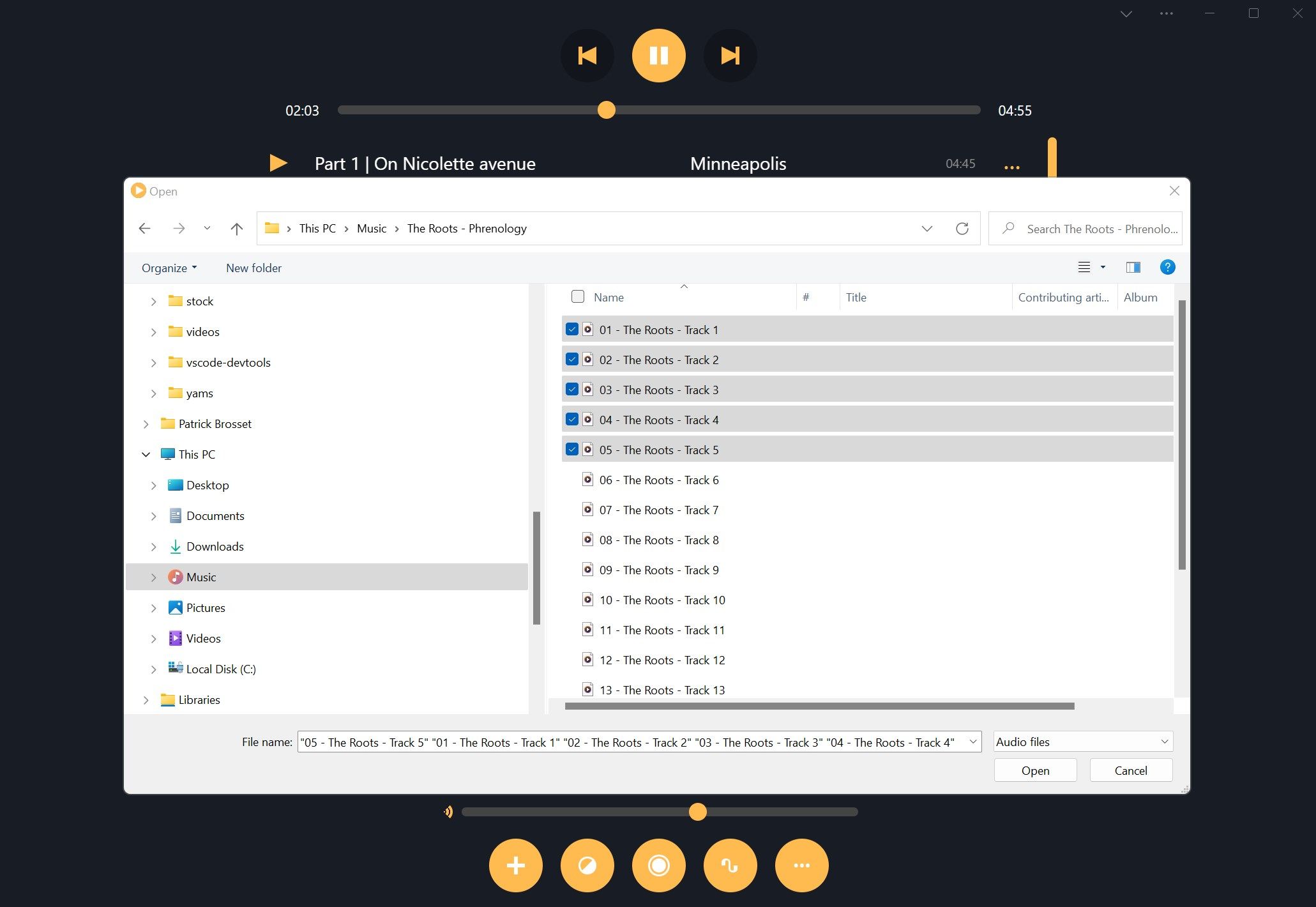 A Windows file picker, showing how new songs can be added to the PWAmp library.