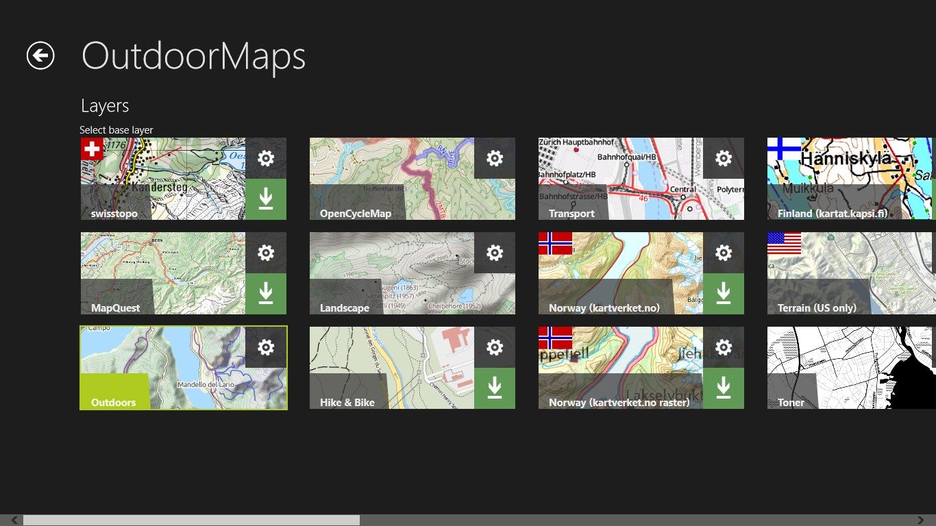 Rich choice of maps (Swiss national maps by swisstopo*, MapQuest, Outdoors, OpenCycleMap, Landscape, Hike & Bike, Terrain, etc)