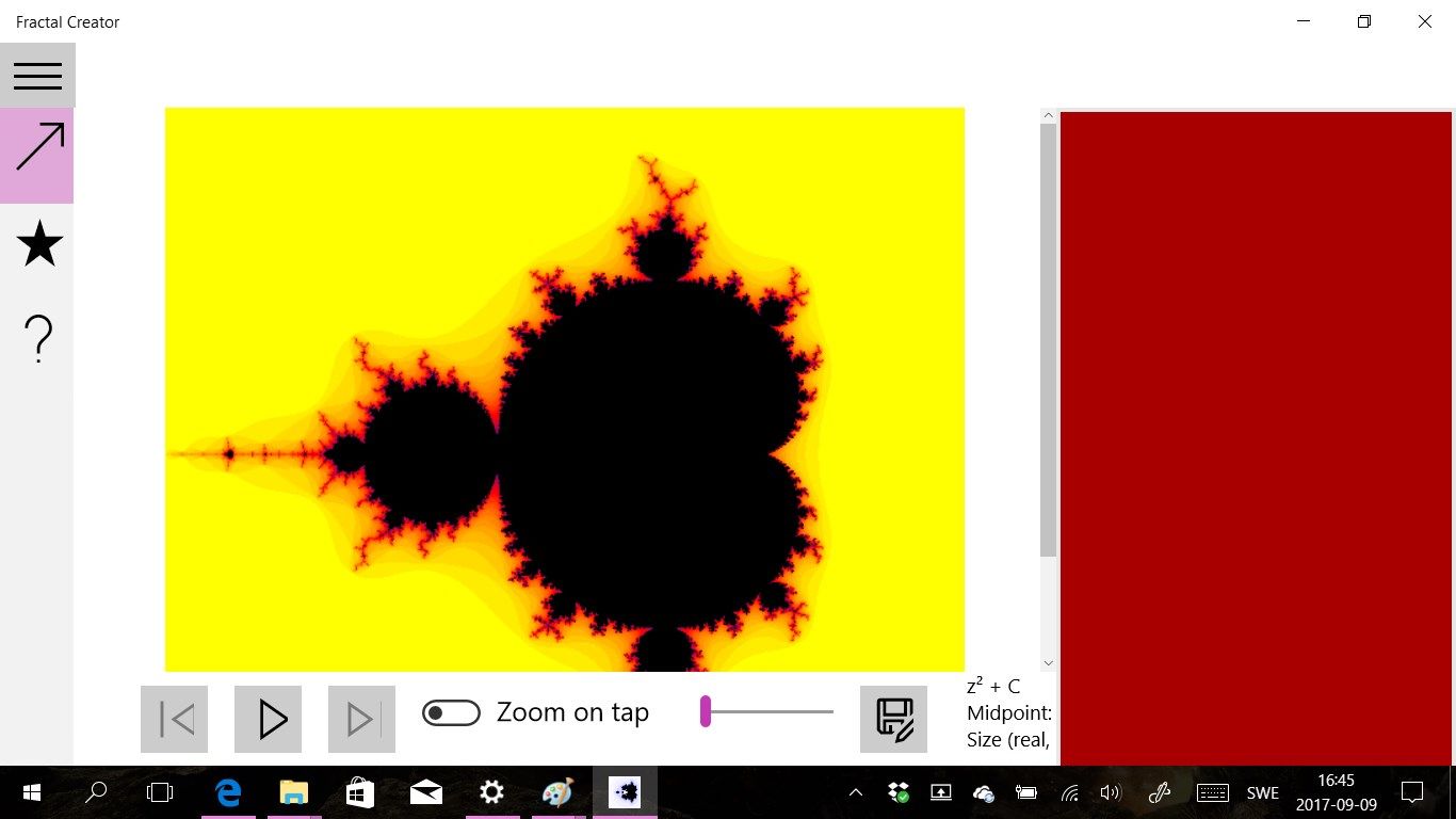 The classic Mandelbrot set. You can zoom in on a region by tapping the image. Vary the zoom factor with the slider (2-10). Use the switch to create Julia sets. Then tapping the image creates a Julia set for the tapped value.