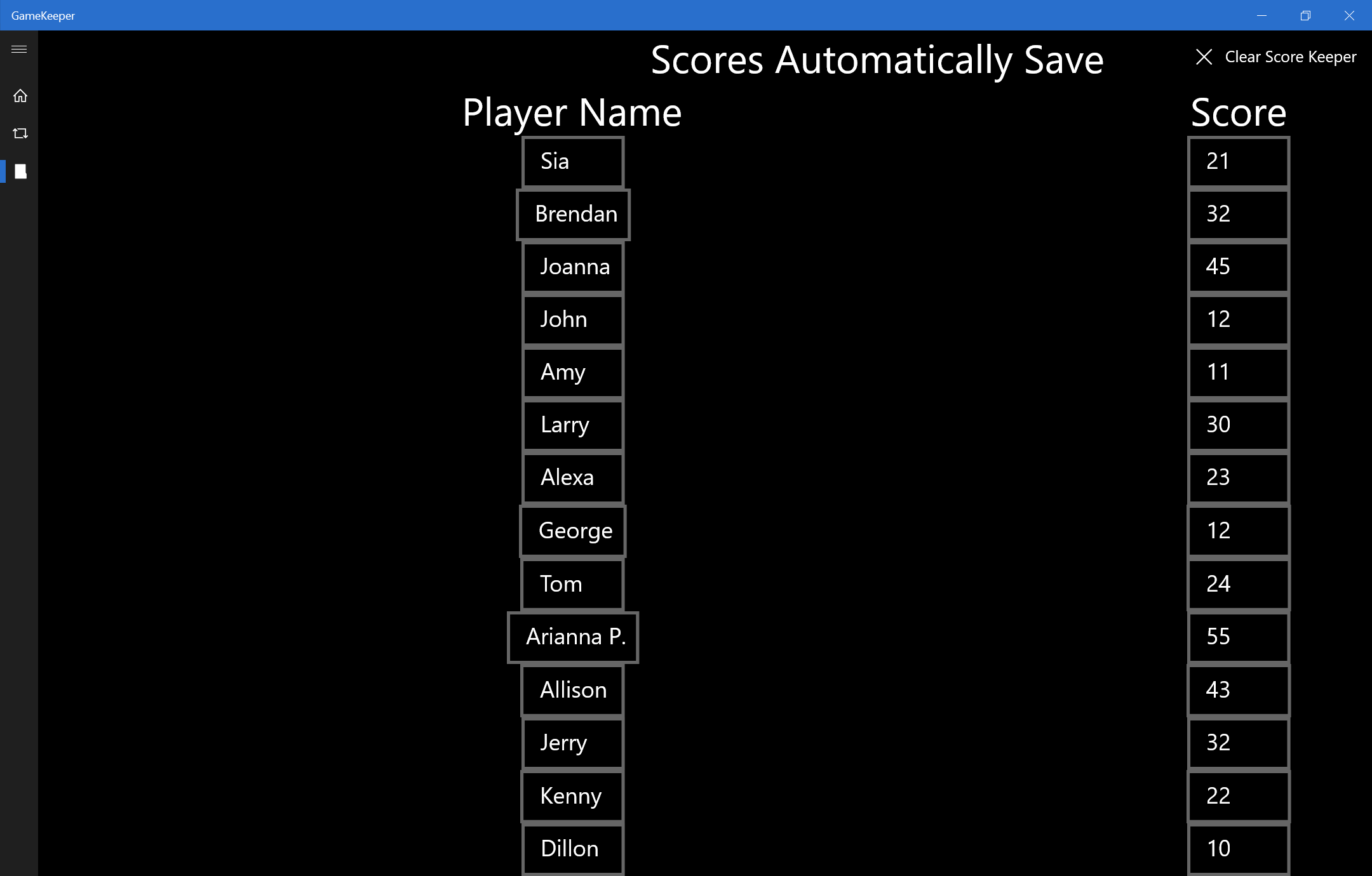 Finally, GameKeeper is equipped with a fully digital scoreboard capable of handling up to 14 players. It can track a player's name and score, and it saves that information automatically so you can navigate to a different function of the app or even close the app entirely and return to find your scores still there.