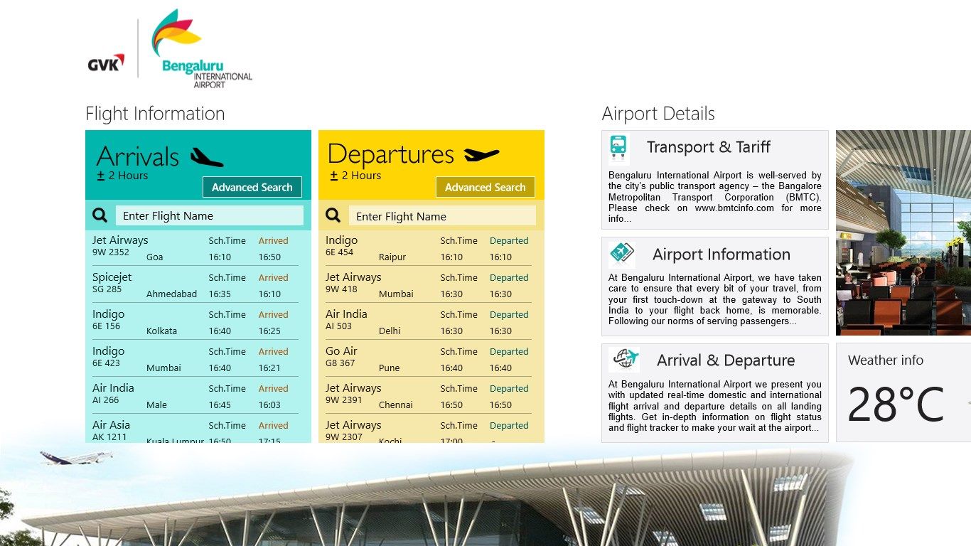 The hub page where arrival and departure details are displayed for +/- 2 hours