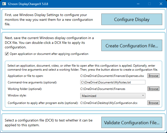 Example of opening a document after applying the configuration, including the configuration to apply after the associated application exits.