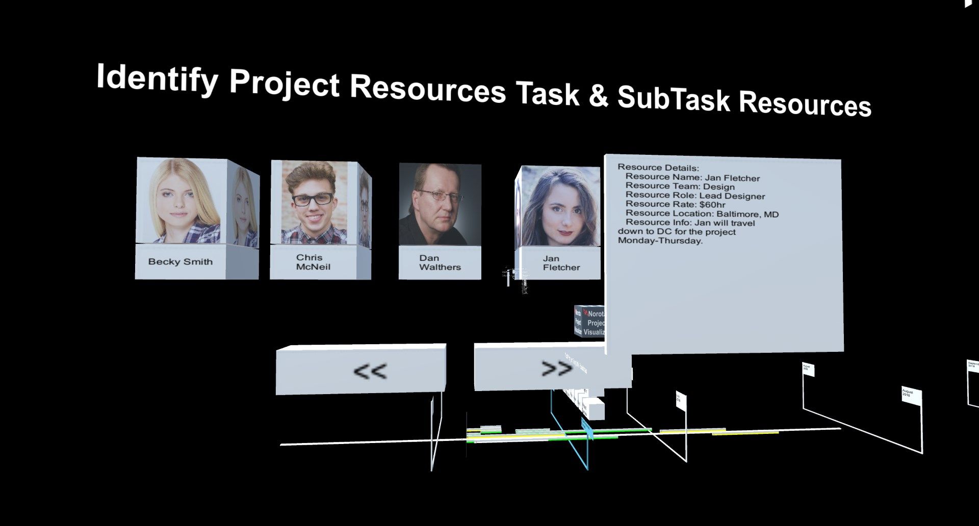 Resources assigned to the individual task are displayed in the task room.  Hover over a resource for quick details, or click to be taken to their details in the resource room.