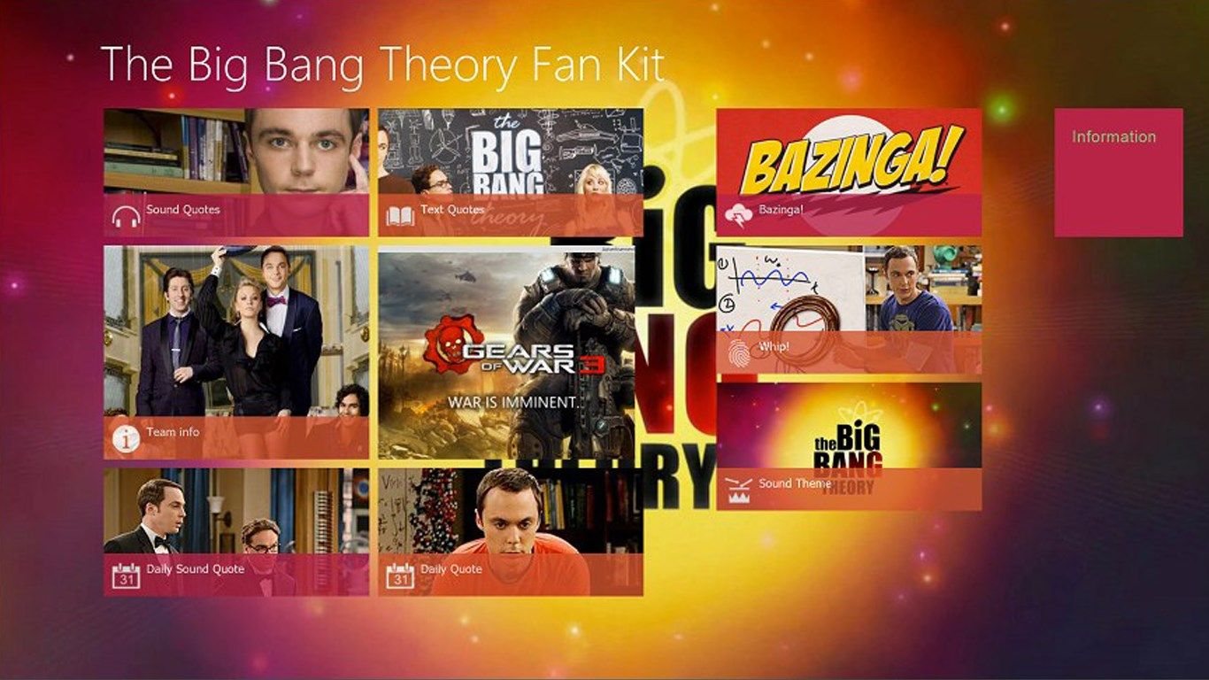 Main screen with all the options of The Big Bang Theory App