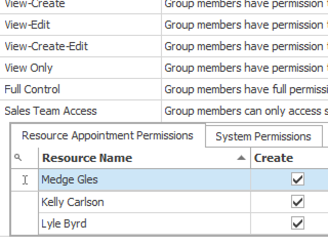 Create permissions for specific employees to be able to or not to be able to create, delete, double book, or view certain appointments.