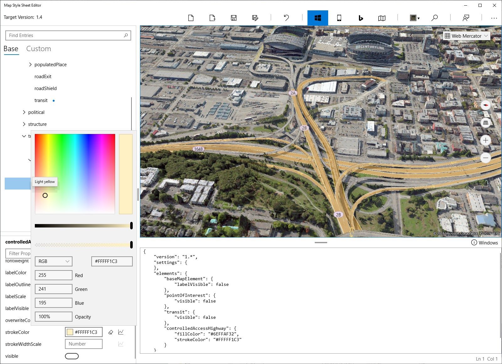 Screenshot in aerial mode illustrating highway color changes