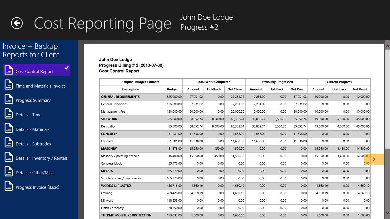 An example of a cost report that the Cost Reporting Page produces for you; this is one of the cost reports that you can submit to your client with your time-and-materials progress invoice.