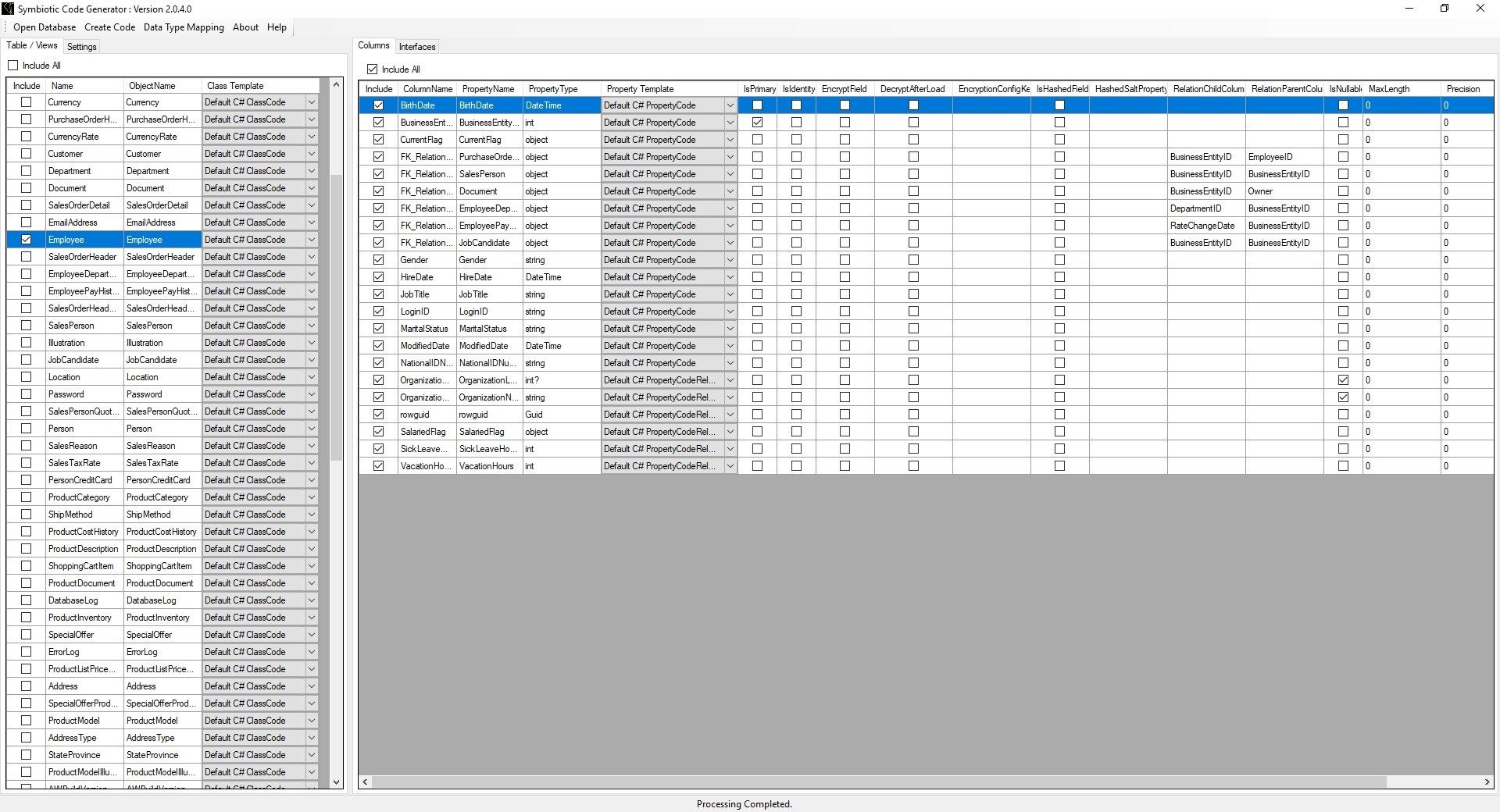 This shows the too with AdventureWorks2012 database load. The left side is the tables/views and on the right the table/view details with the columns.