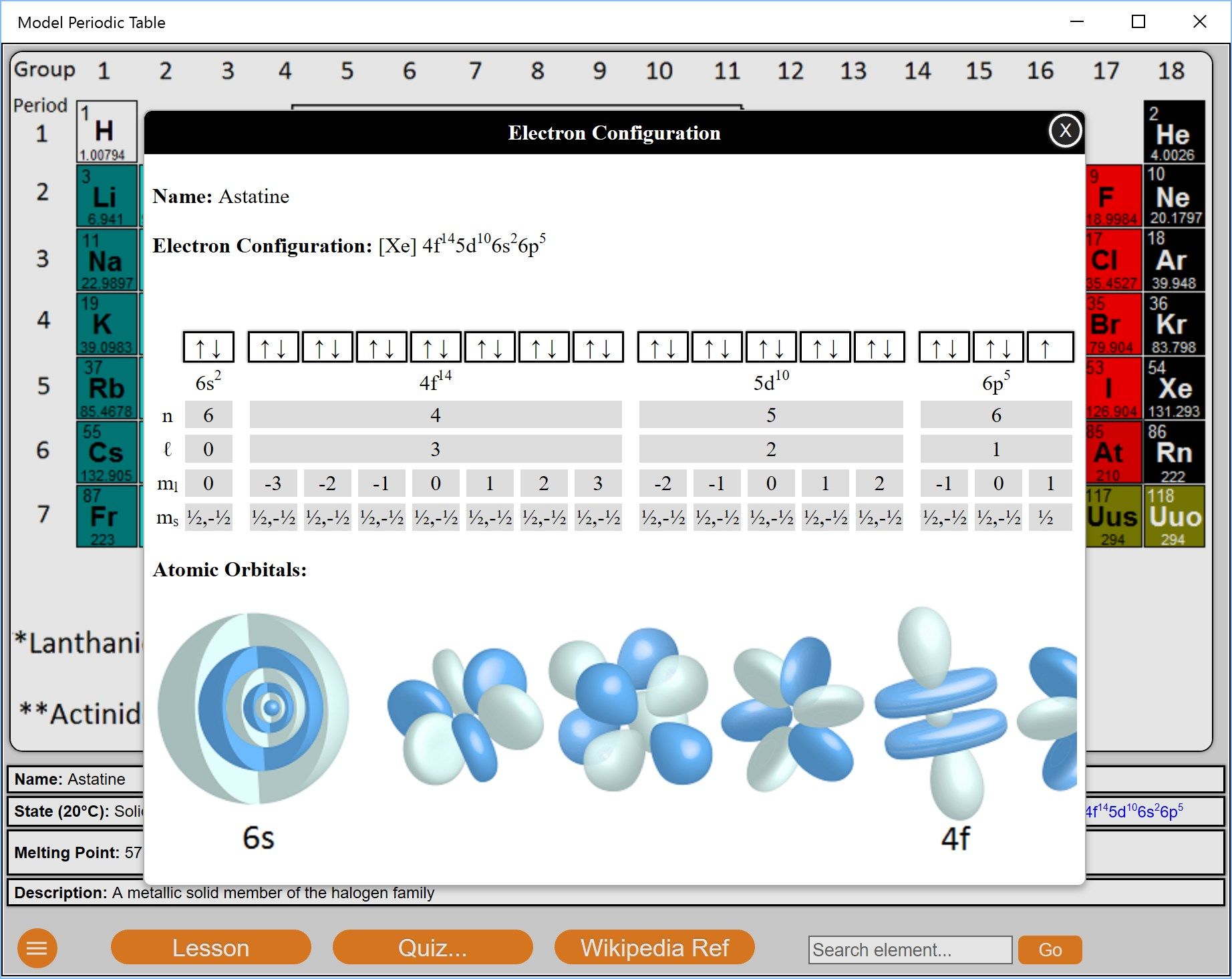 Electron Configuration view with 3D orbital Visualizations.