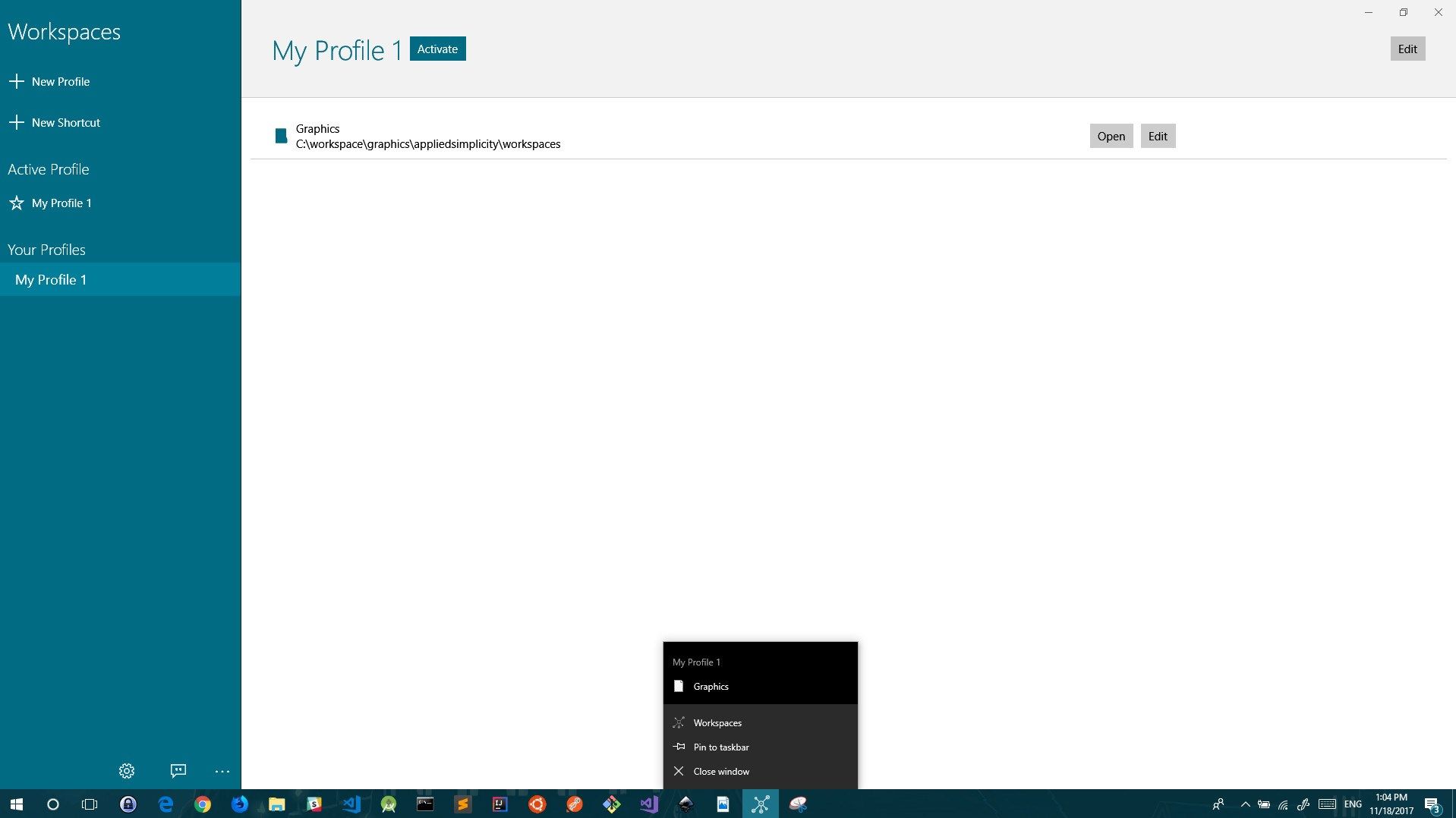Folder for the currently active profile can be accessed from the taskbar itslef