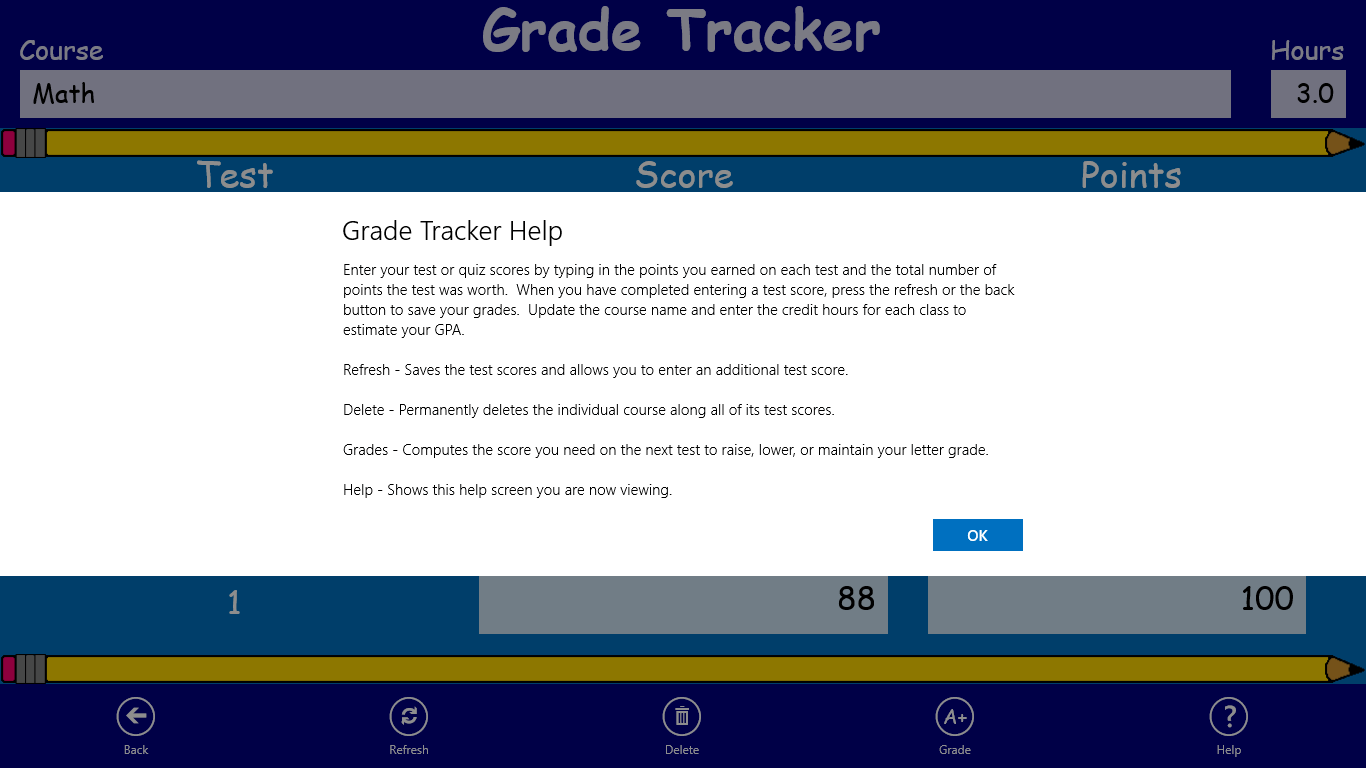 View the help screen for entering test scores.