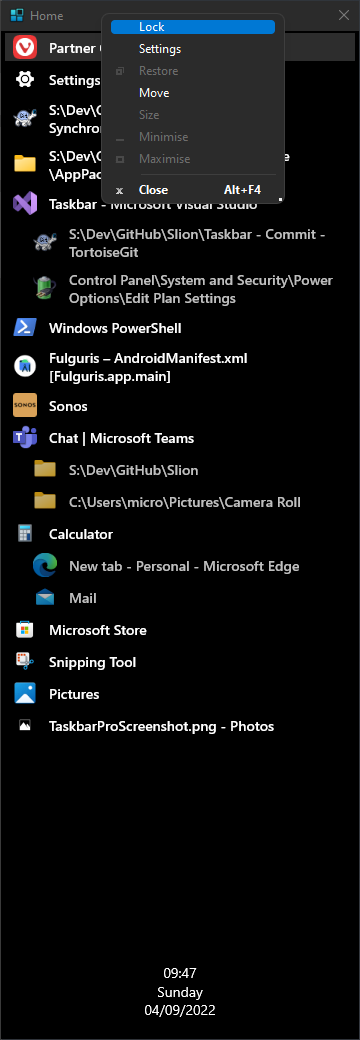 Taskbar Pro system menu. Right click on the title bar to access it. From there you can toggle taskbar lock and access settings.