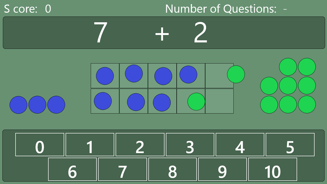 Level 1. 10 addition questions with unlimited time. This level provides counters that students can move to onto a ten grid to assist them with the problem. Answers are 10 or below and include 10 facts