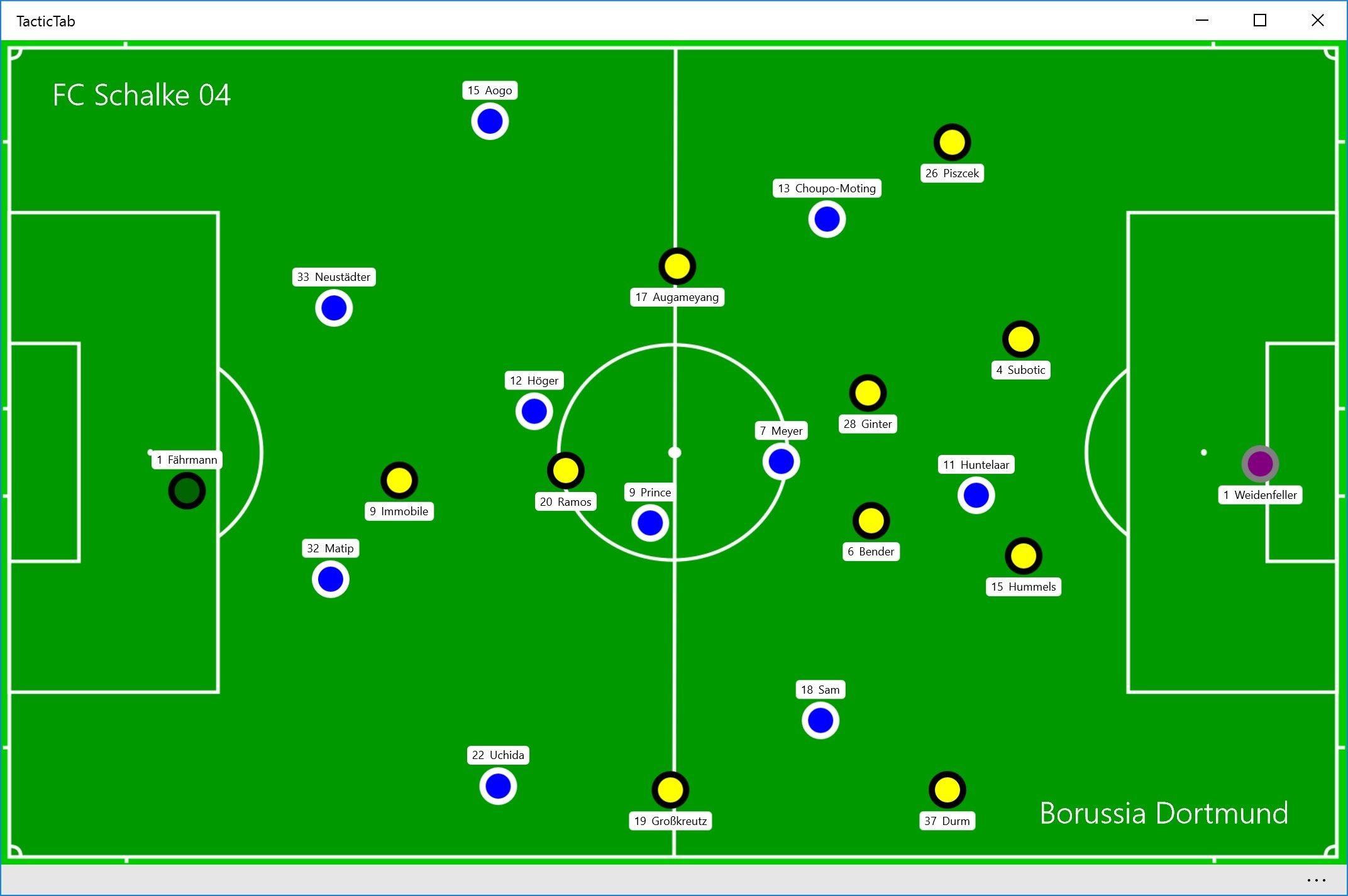 Fully edited soccer pitch on desktop. Notice the team names, player's names and numbers, colors for the different players and special colors for the goalies. Also, the field is colorful.