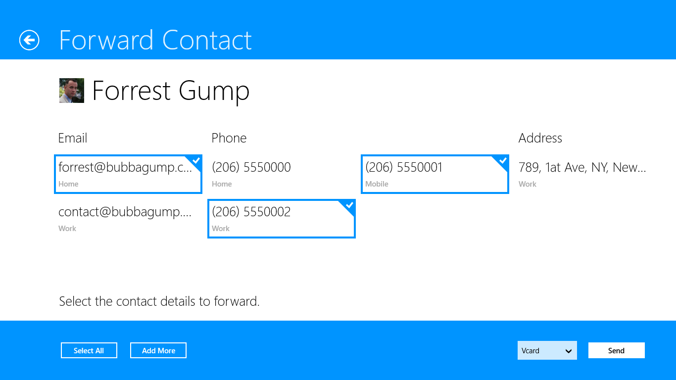 Selecting contact details to send