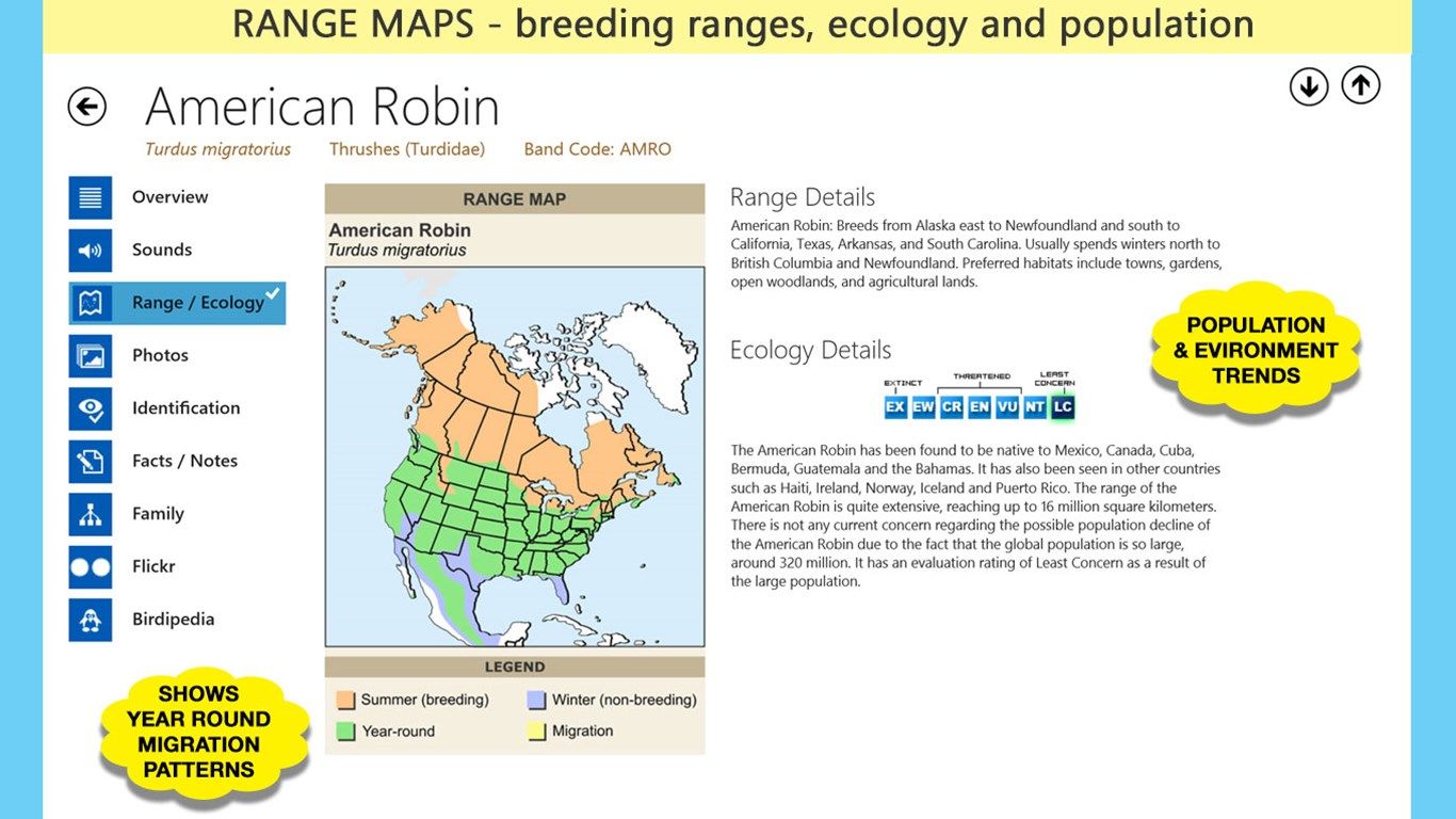 Range Maps: reveal migration and breeding areas, ecology and population