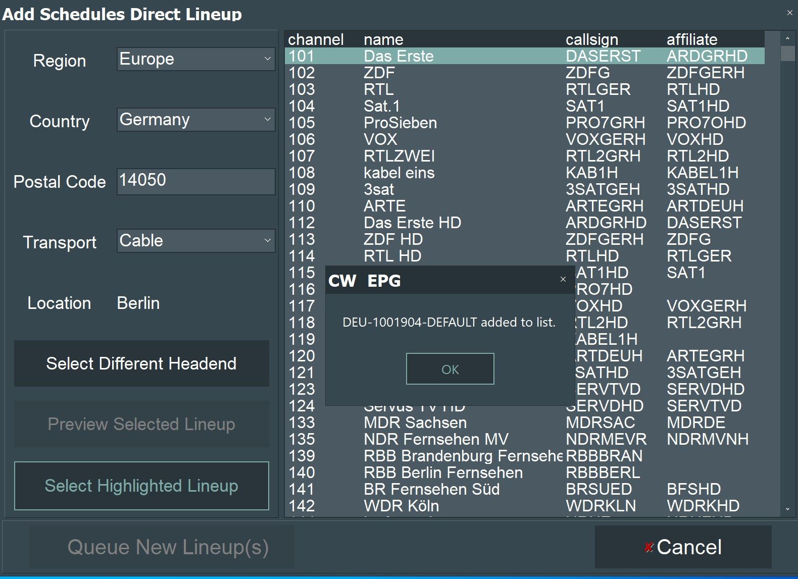 Example of Schedules Direct lineup selection menu