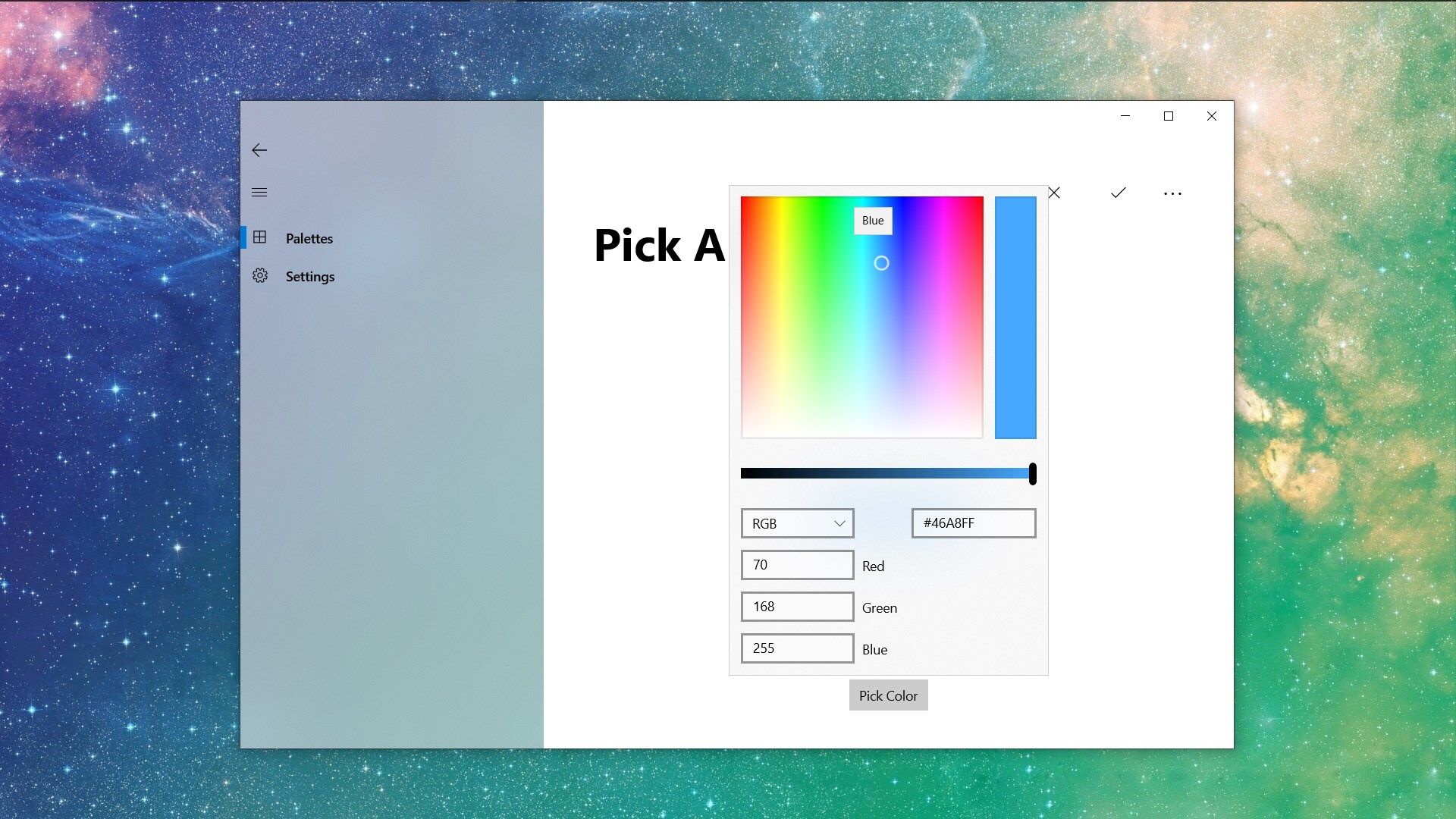 When adding or editing colors, you get access to this color picker that supports use HEX, RGB, and HSV values!