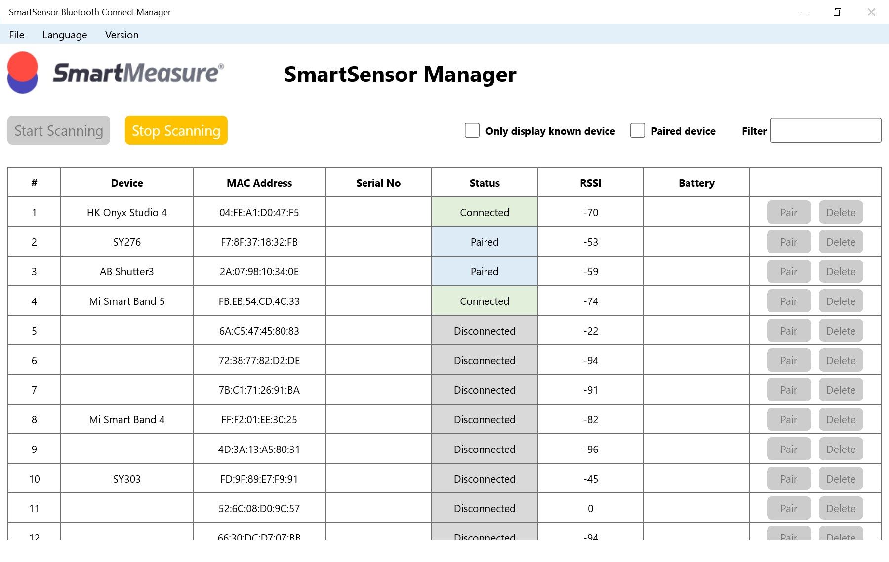 SmartSensor Bluetooth Connect Manager