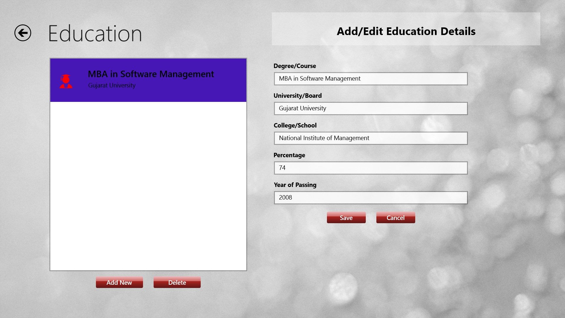 Manage Education details for resume