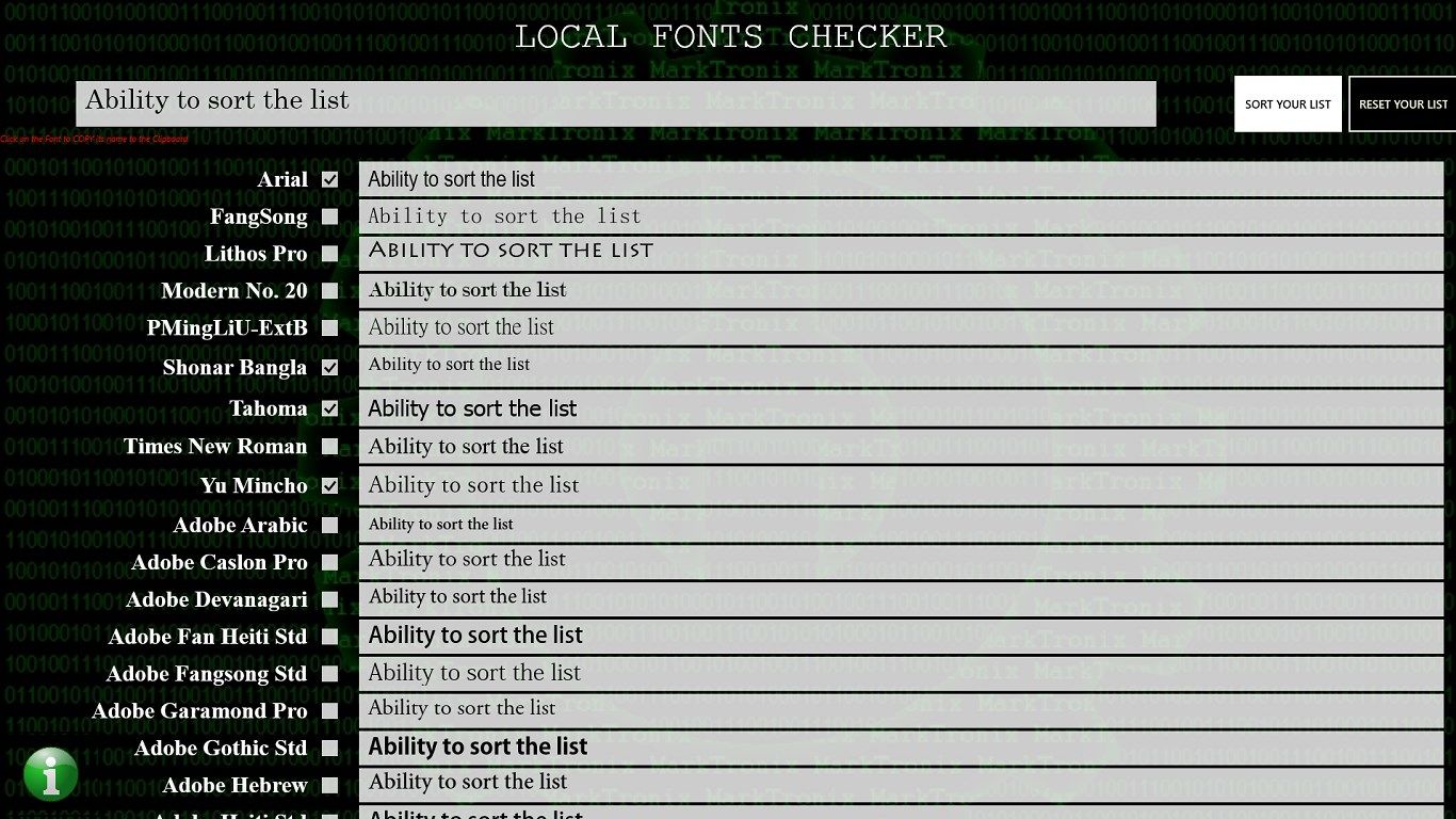 Ability to Sort List, Test your phone against your local fonts