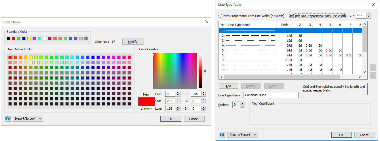 For each drawing, you can set the color / line type / line width table.