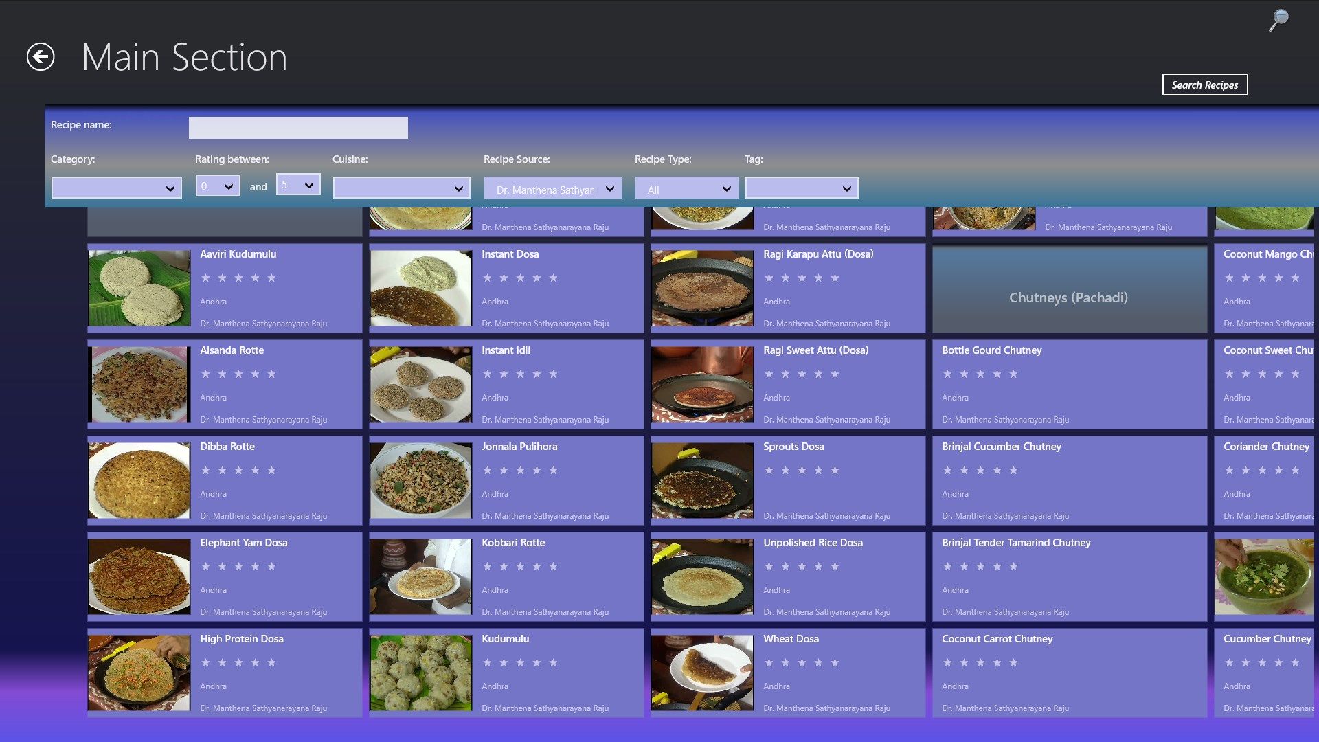 Your complete recipe collection is listed under Main Section. The Advanced search allows you to access any recipe instantly. Virtual Books open up on the same screen with controls limited to the book.
