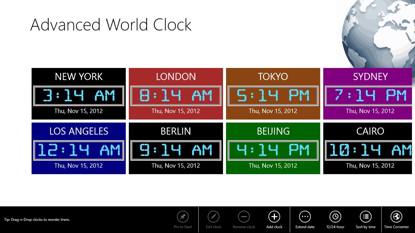 Background color of each clock is configurable in main page (but not in live tiles)