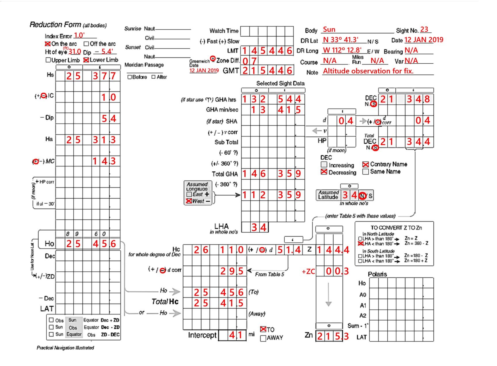 Screen showing data for altitude observation in a sight reduction form