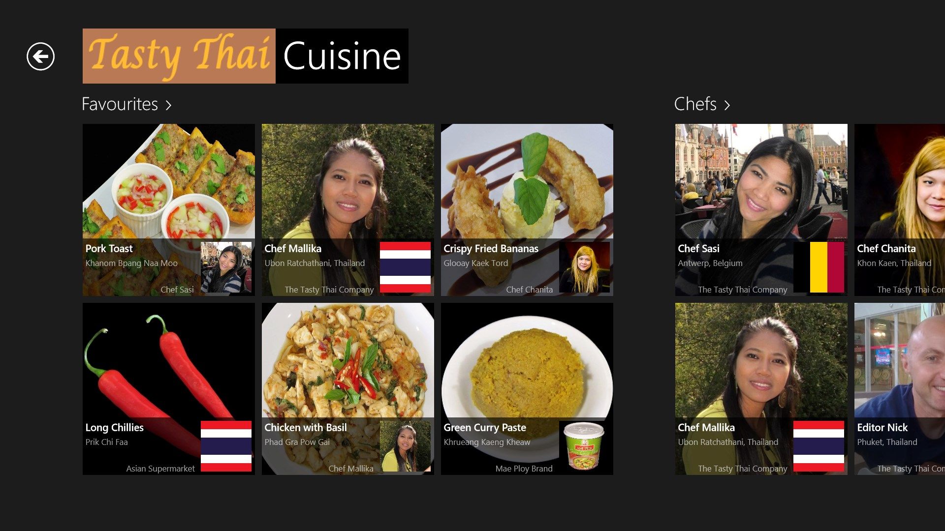 The Start screen showing pinned Favourites and Chefs groups.