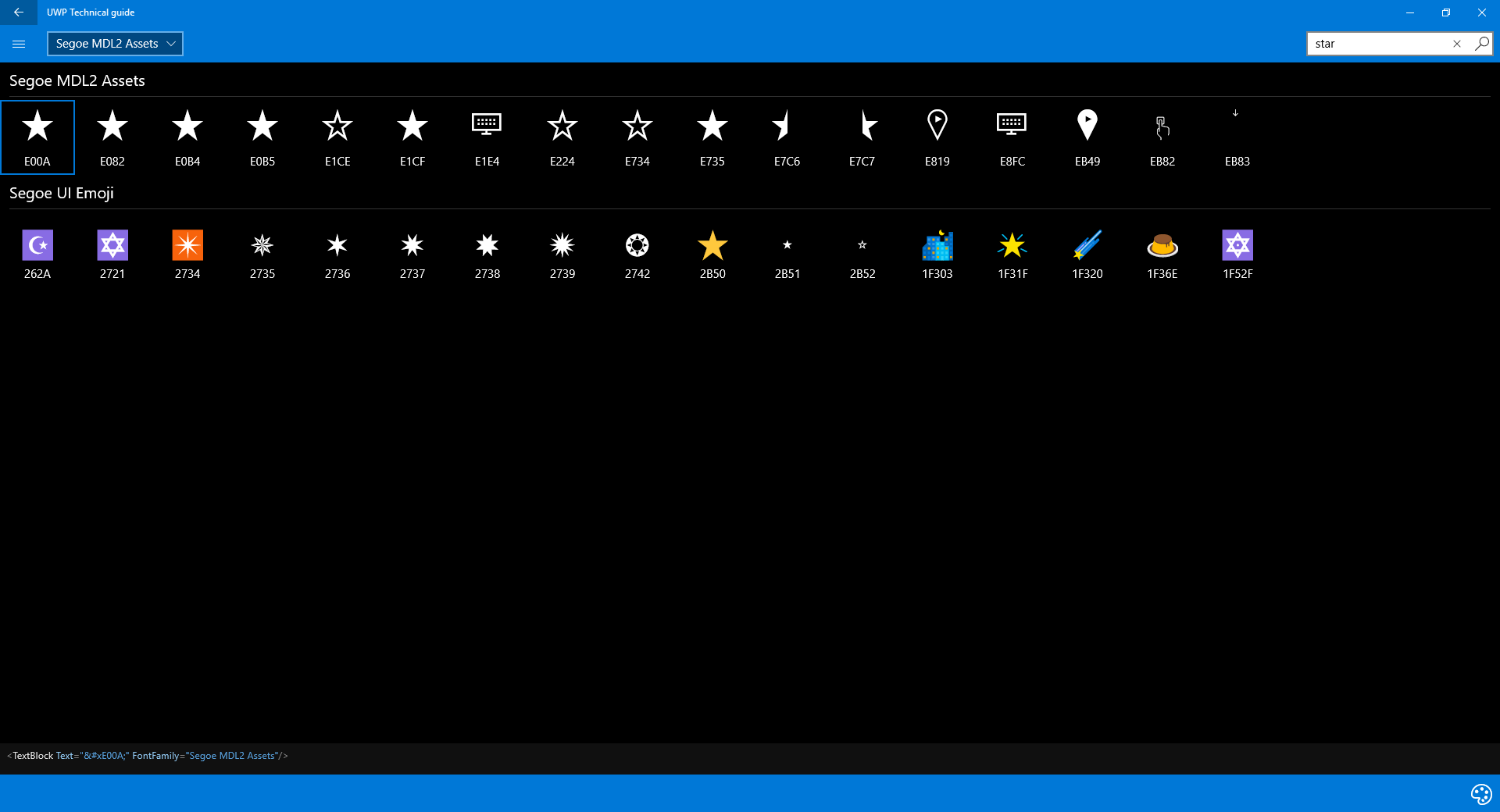 Find the icons you need from both Segoe MDL2 Assets and Segoe UI Emoji at once, or look all the icons of them.