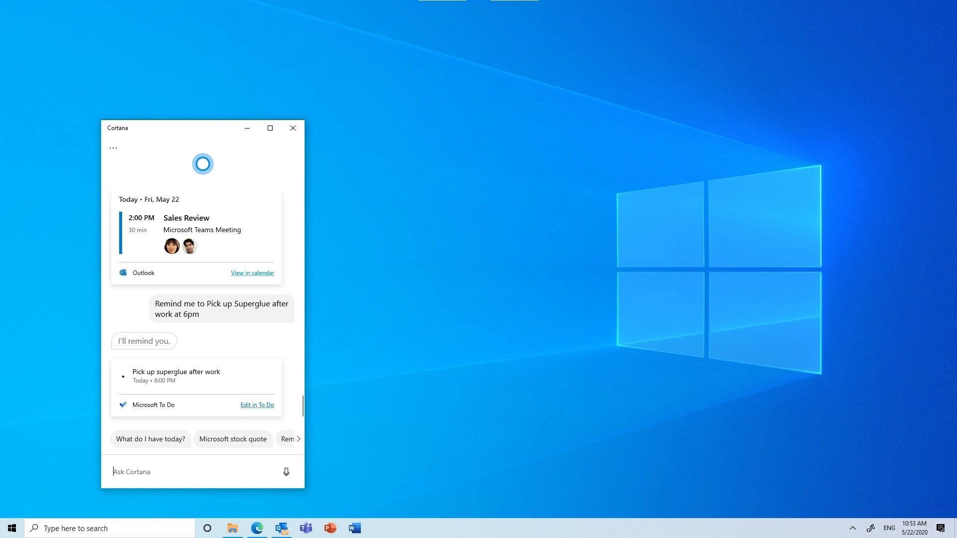 Cortana can help you set reminders and add them to Microsoft To Do.