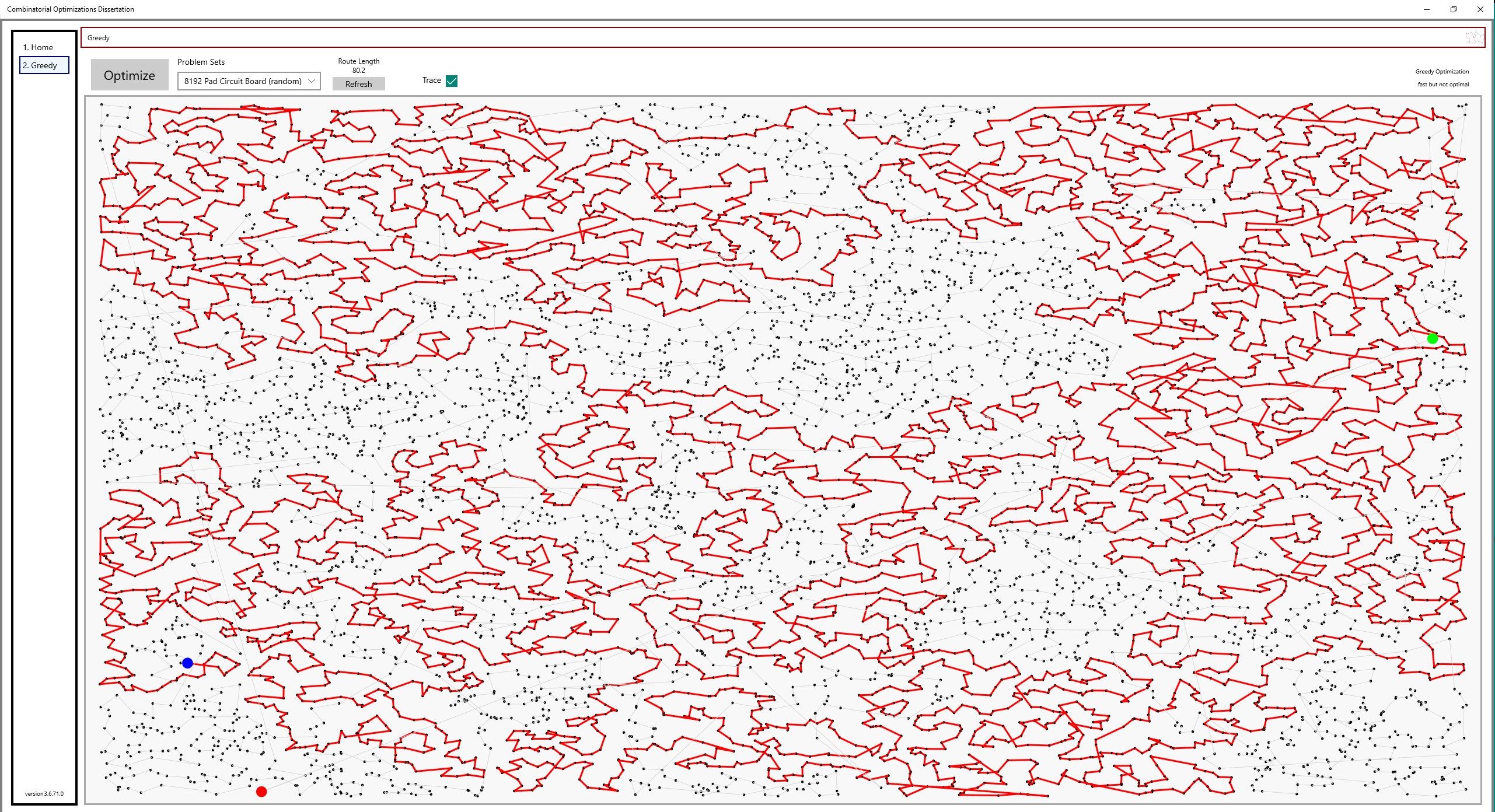Screen shot - Greedy algorithm optimization with route tracing enabled