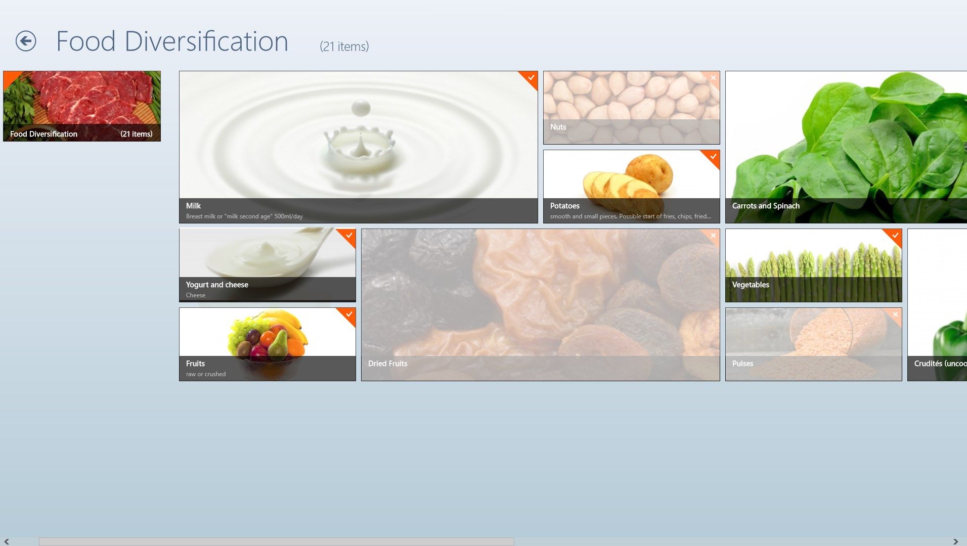 Application's main page showing a grouping of all food types categories.